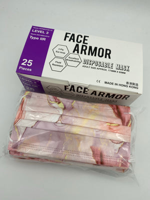 粉紅雲石（配白耳繩） ASTM Level 3/ EN 14683 Type IIR- Face Armor 成人口罩 - 1盒共25片，非獨立包裝（香港製造)