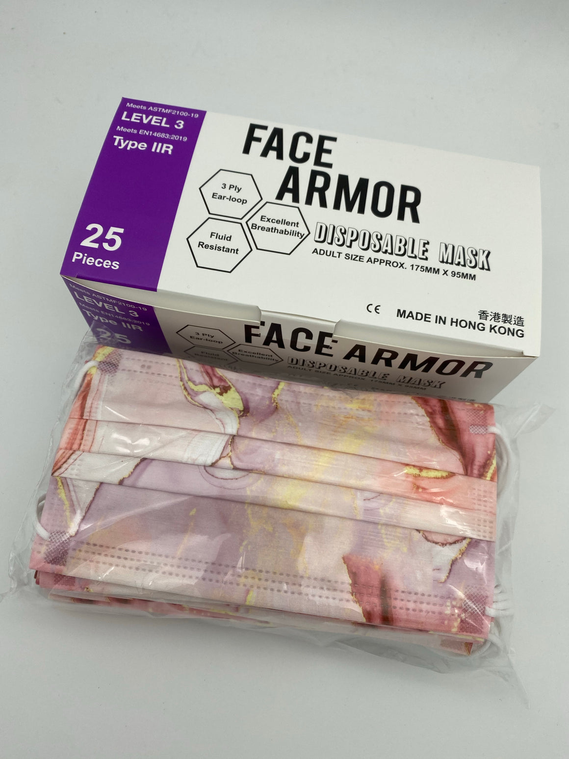 粉紅雲石（配白耳繩） ASTM Level 3/ EN 14683 Type IIR- Face Armor 成人口罩 - 1盒共25片，非獨立包裝（香港製造)