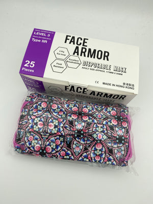 黑桃萬花筒（配桃紅耳繩） ASTM Level 3/ EN 14683 Type IIR- Face Armor 成人口罩 - 1盒共25片，非獨立包裝（香港製造)