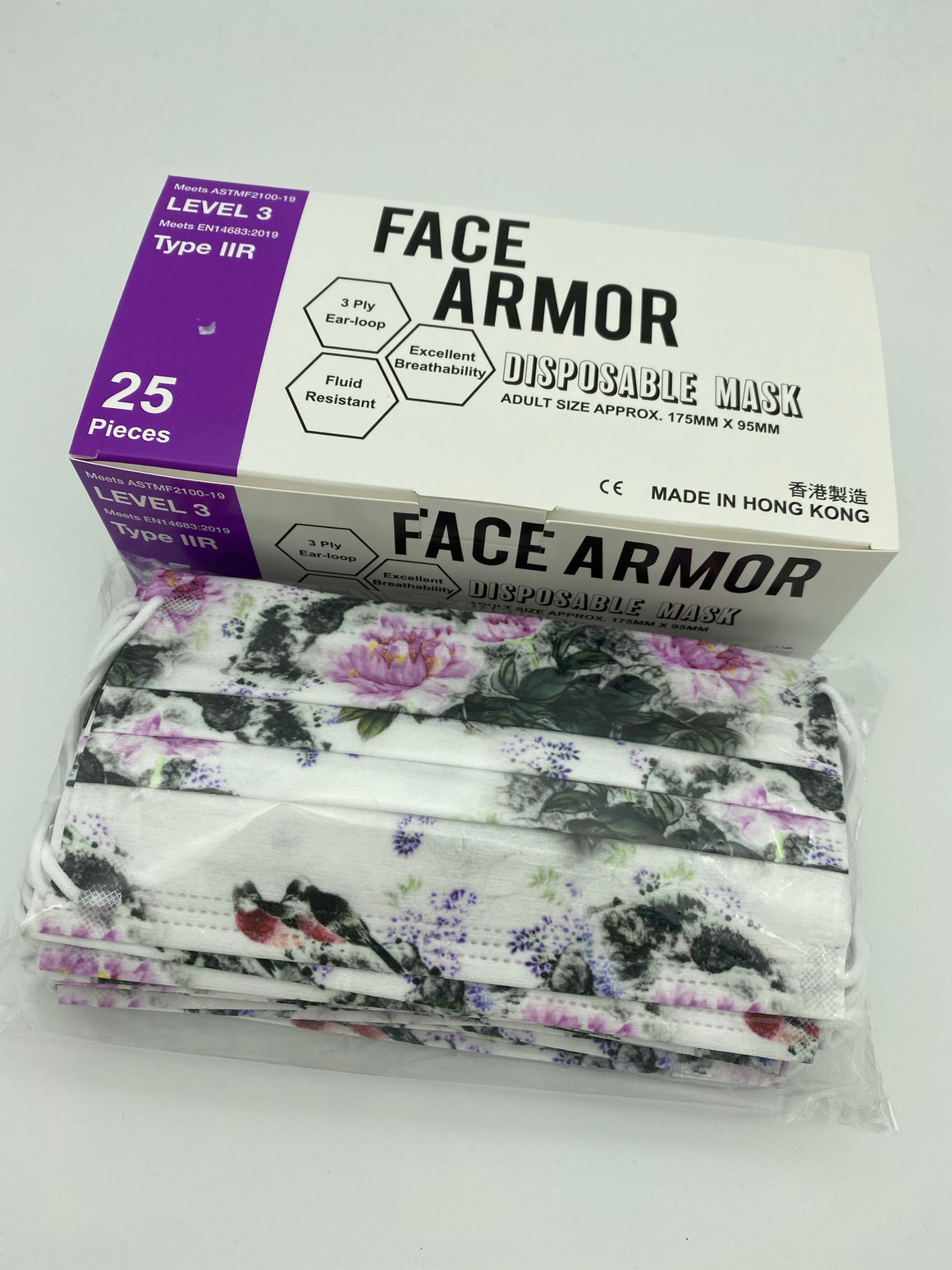 牡丹花（配白耳繩） ASTM Level 3/ EN 14683 Type IIR- Face Armor 成人口罩 - 1盒共25片，非獨立包裝（香港製造)