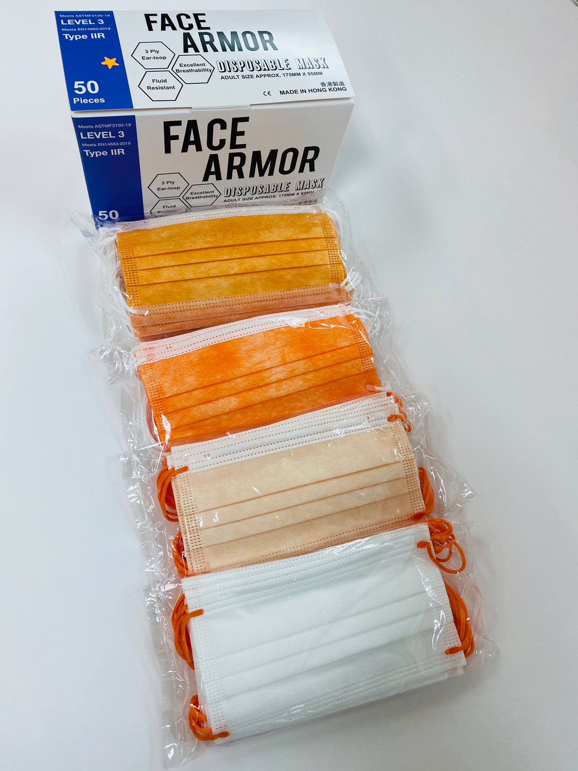 橙迷系列（配白色/橙色耳繩） ASTM Level 3/ EN 14683 Type IIR- Face Armor 成人口罩 - 1盒共50片，非獨立包裝（香港製造）