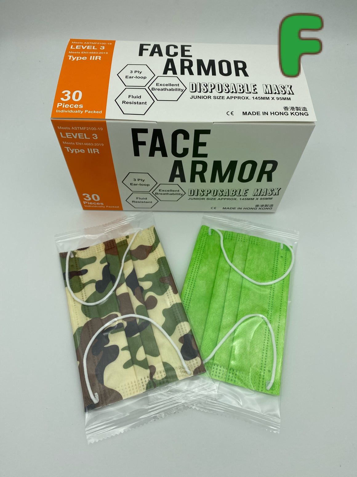 中童口罩 F款- 綠+綠迷彩 (配白色耳繩） 鼻樑：鐵線  ASTM Level 3/ EN 14683 Type IIR- Face Armor 中童口罩- 1盒2色共30片, 獨立包裝，每色各15片（ 香港製造）