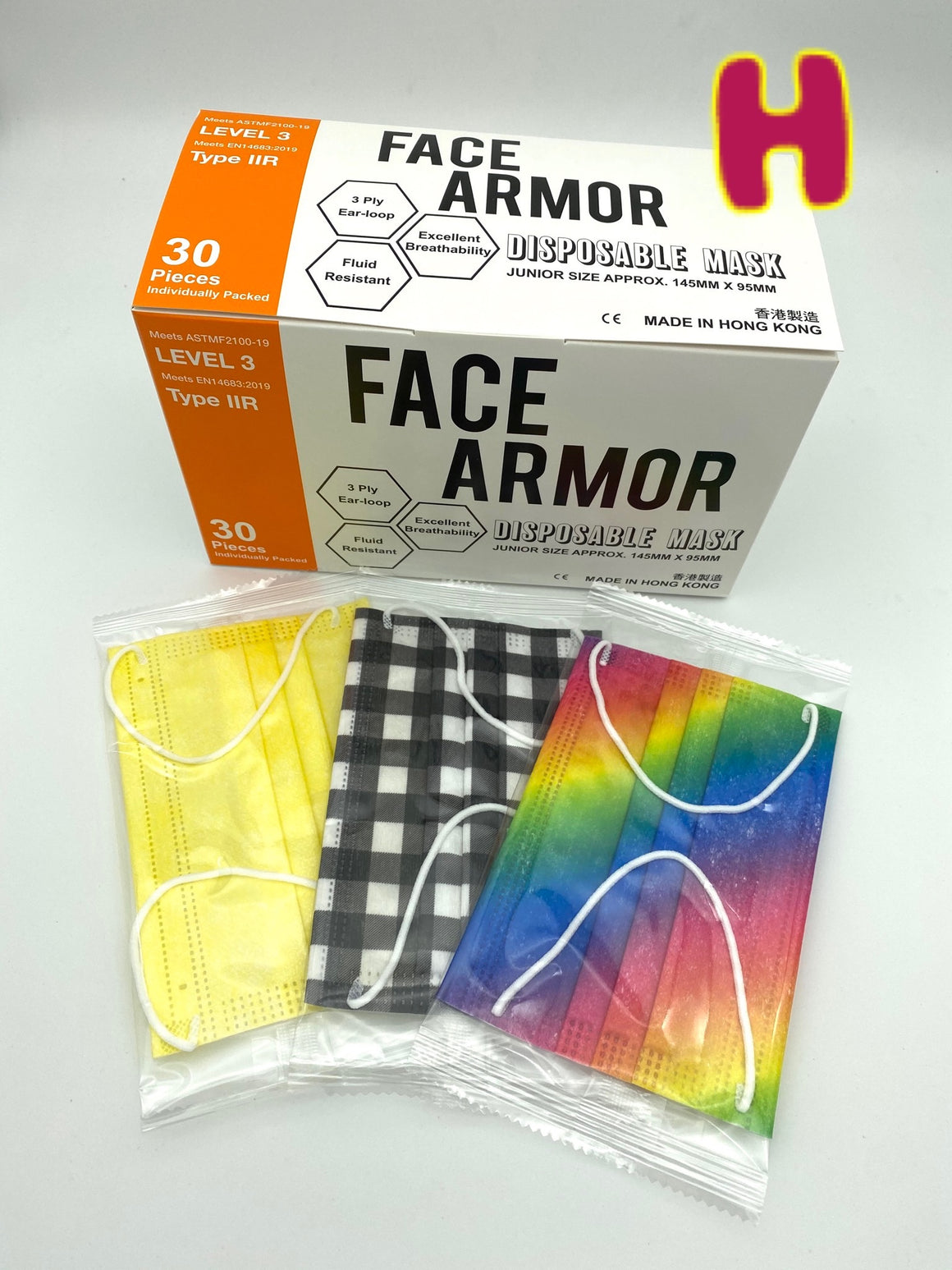 中童口罩 H款- 黃+黑白格+彩虹 (配白色耳繩） 鼻樑：鐵線  ASTM Level 3/ EN 14683 Type IIR- Face Armor 中童口罩- 1盒3色共30片, 獨立包裝，每色各10片（ 香港製造）