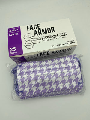 紫白千鳥格（配紫耳繩） ASTM Level 3/ EN 14683 Type IIR- Face Armor 成人口罩 - 1盒共25片，非獨立包裝（香港製造)