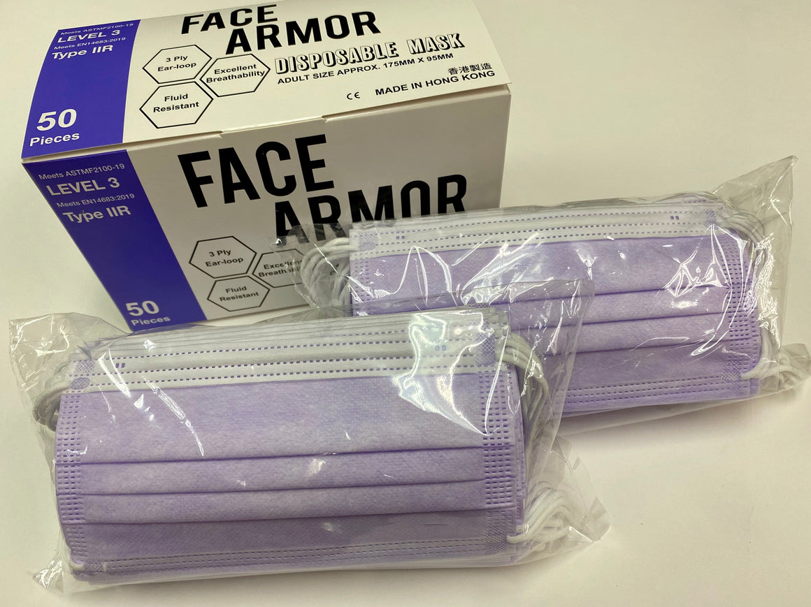 粉紫（配白色耳繩） ASTM Level 3/ EN 14683 Type IIR- Face Armor 成人口罩 - 1盒共50片，非獨立包裝（香港製造）