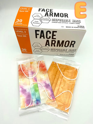 中童口罩 E款- 橙+棉花糖 (配白色耳繩） 鼻樑：鐵線  ASTM Level 3/ EN 14683 Type IIR- Face Armor 中童口罩- 1盒2色共30片, 獨立包裝，每色各15片（ 香港製造）