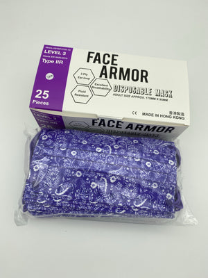 紫圖騰（配紫耳繩） ASTM Level 3/ EN 14683 Type IIR- Face Armor 成人口罩 - 1盒共25片，非獨立包裝（香港製造)