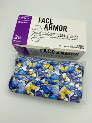 藍蝶花（配藍耳繩） ASTM Level 3/ EN 14683 Type IIR- Face Armor 成人口罩 - 1盒共25片，非獨立包裝（香港製造)