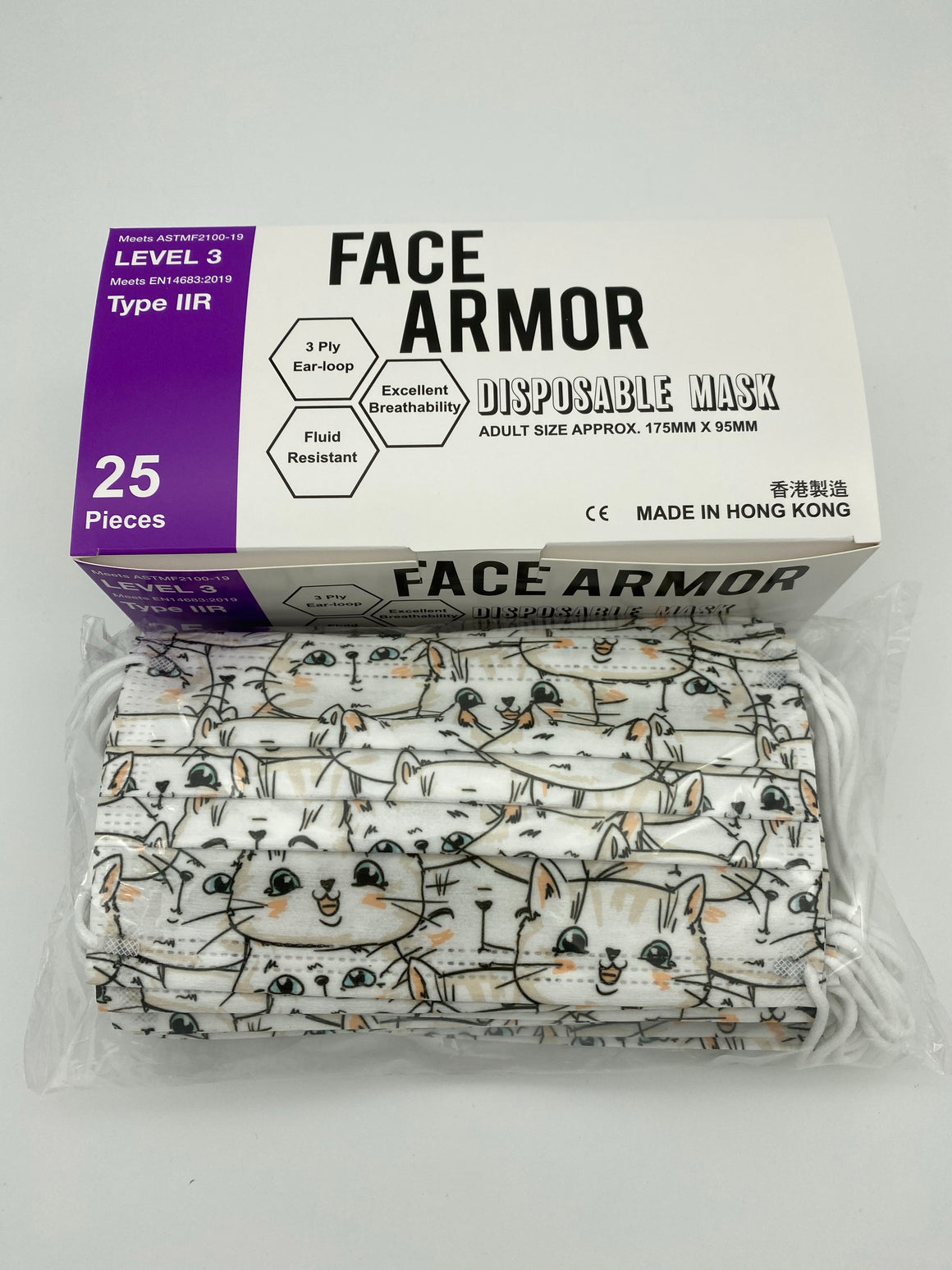 貓貓（配白耳繩） ASTM Level 3/ EN 14683 Type IIR- Face Armor 成人口罩 - 1盒共25片，非獨立包裝（香港製造）